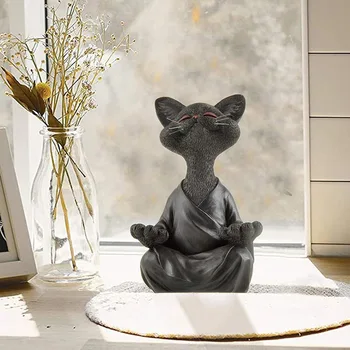 2021 Meditasyon Siyah Kedi Reçine Heykeli Yoga Meditasyon Heykelcik Koleksiyon Mutlu Kedi duvar süsü Heykeller SANAT ev Dekorasyonu